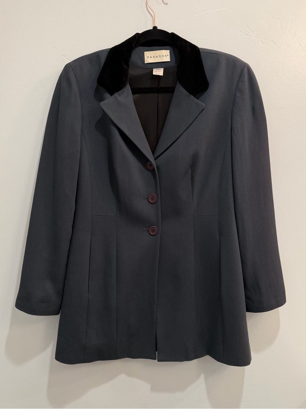 Vintage 90s Paradox Wool Longline Blazer Jacket Velvet Collar Slate Blue Size 8 - Picture 2 of 12